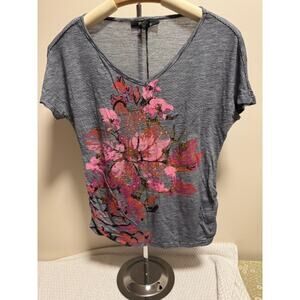 Style & Co. Petite S Floral Graphic Tee Striped Ruched Side V-Neck